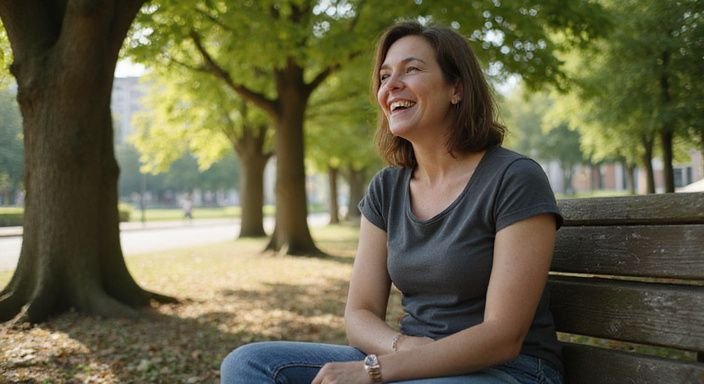 Een lachende vrouw zit op een houten bank in een park.