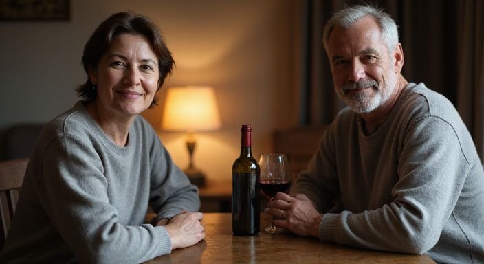 Een vrouw en man delen een intiem gesprek over rijpe vrouwen sexcontact Brussel met wijn.