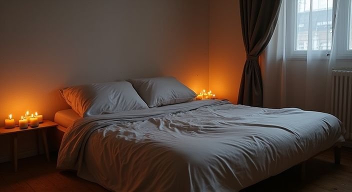 Een rustige slaapkamer in Brussel met een bed en kaarslicht.