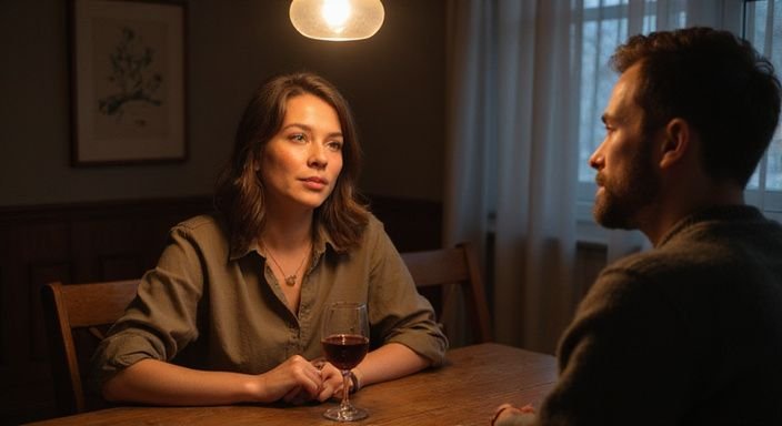 Een vrouw in gesprek, genietend van rode wijn aan een houten tafel.