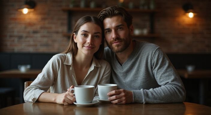 Een man en vrouw delen een intiem gesprek over rijpe vrouwen sexcontact in Gent in een café.