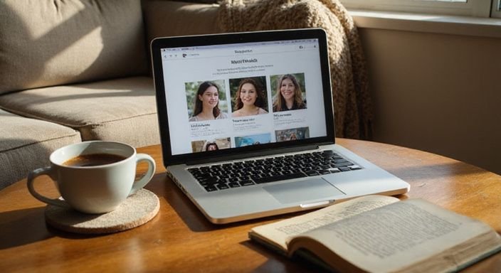 Een laptop met datingapp en koffie in een gezellige woonkamer.