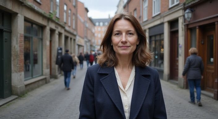 Een vrouw in een navy wollen jas staat op een levendige straat.