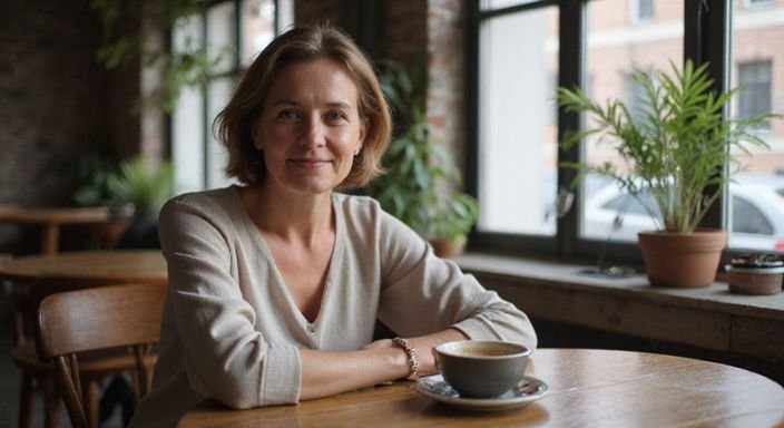 Een middelbare vrouw geniet van koffie in een gezellig café.