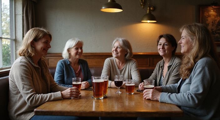 Een gezellige bar met lachende vrouwen in vrolijk gesprek.