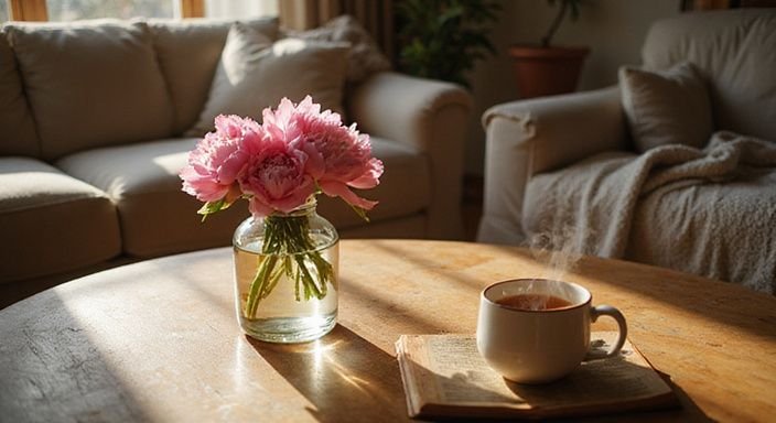 Een gezellige woonkamer met een boek, bloemen en een kopje thee.