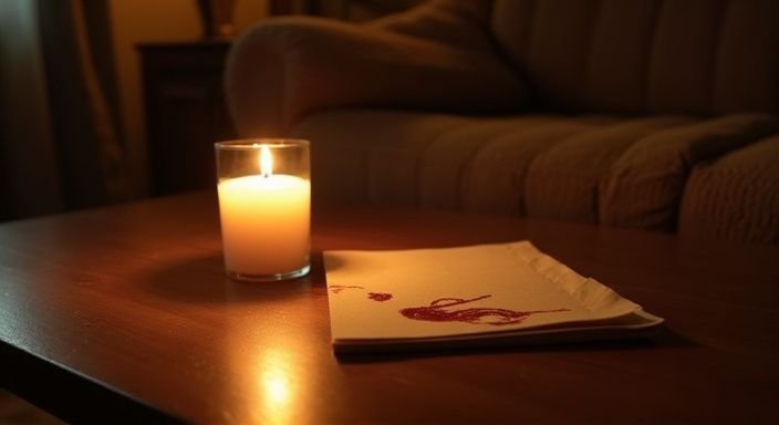 Een gezellige woonkamer met een kaars en een brief op tafel.