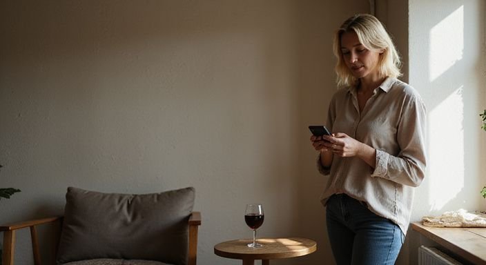 Een vrouw in een gezellige woonkamer zoekt op haar smartphone naar rijpe vrouwen sexcontact Vlaams-Limburg.