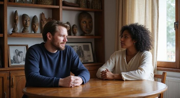 Een man en vrouw hebben een eerlijk gesprek aan een houten tafel.