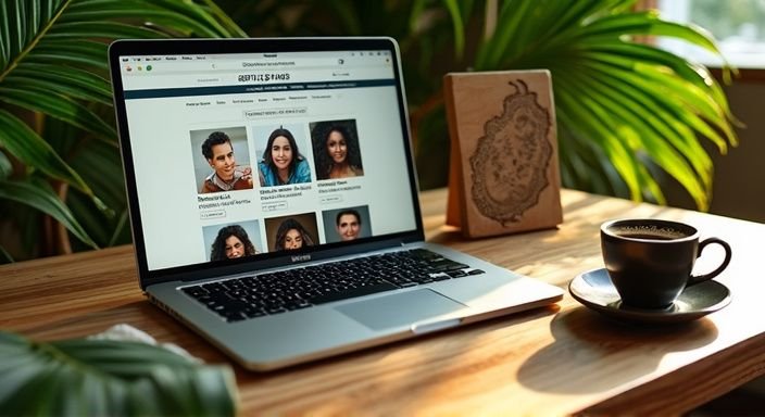 Een laptop op een houten bureau met een internationaal datingsite met profielen voor Surinaamse vrouwen sexdating.