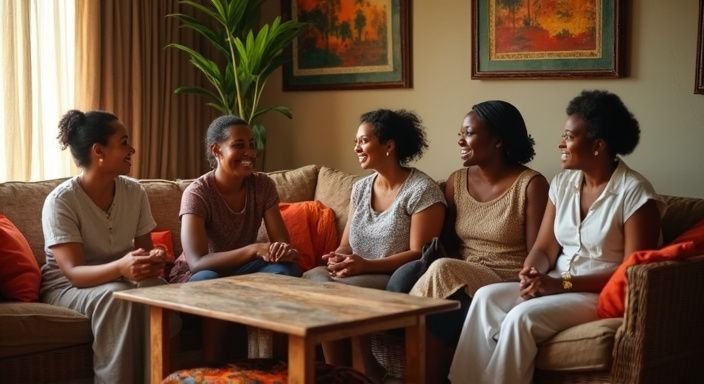 Een groep vrouwen geniet van een gezellige, ontspannen samenkomst in een woonkamer.