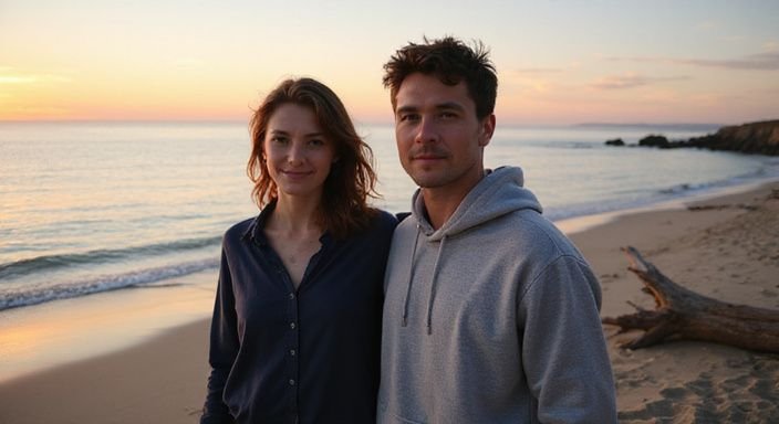 Een man en vrouw staan samen op een rustige strand bij zonsondergang.