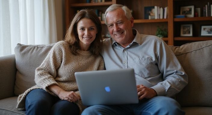 Een volwassen paar zit samen op een bank en bekijkt een datingsite voor mature sexdating.