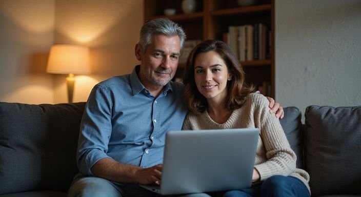 Een vrouw en man kijken samen naar een laptop met profielen voor mature sexdating op de bank.