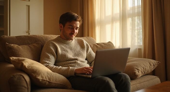 Een persoon in een comfortabele stoel werkt aan hun datingprofiel.