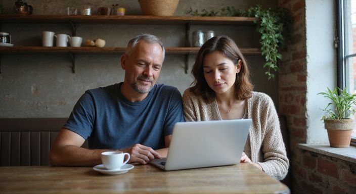 Een stel in hun vijftiger jaren werkt samen aan een laptop op zoek naar mature sexdating.