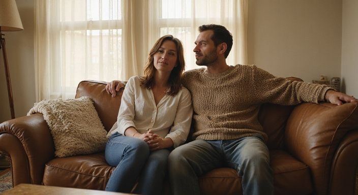 Een ontspannen moment van twee mensen in een huiselijke woonkamer.