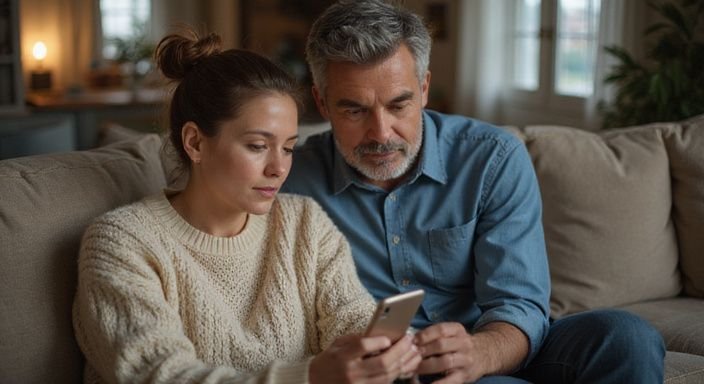 Een middel ouder echtpaar deelt een intieme, aandachtige moment op de bank.