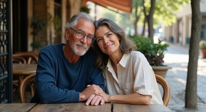 Een ouder echtpaar geniet van elkaars gezelschap aan een café tafel tijdens hun mature sexdating.