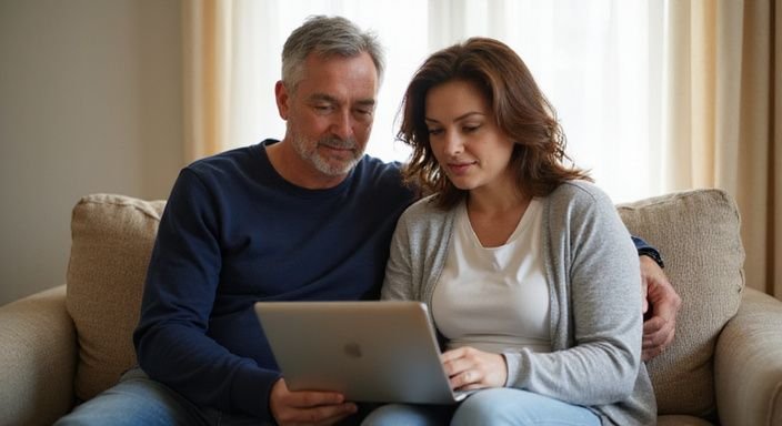 Een man en vrouw zitten samen op een bank met een laptop en willen mature sexdating.
