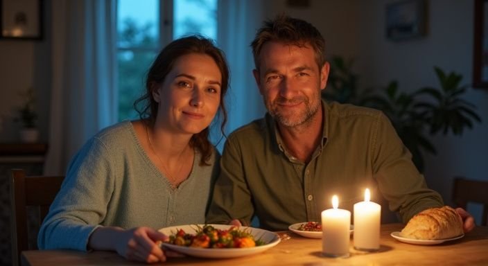 Een stel geniet van een eenvoudige maaltijd aan hun houten tafel.