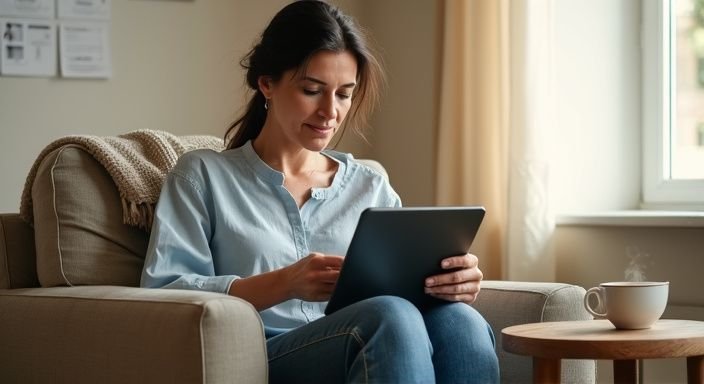 Een vrouw van begin 50 is geconcentreerd op een datingapp.