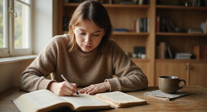 Een vrouw schrijft geconcentreerd aan een bureau vol boeken.
