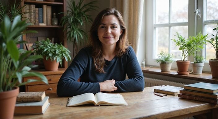 Een vrouw in de veertig, ontspannen achter een houten bureau.
