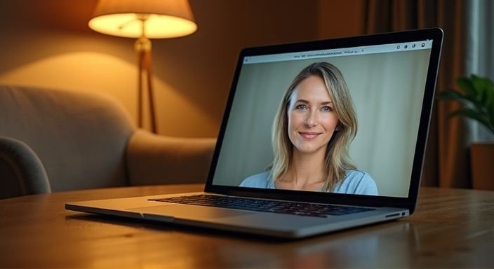 Een open laptop toont een datingprofiel van een vrouw in de 50.