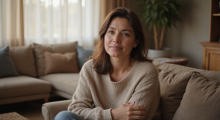 Een vrouw in een comfortabele woonkamer, engaged in gesprek over online sexdating met oudere vrouwen.