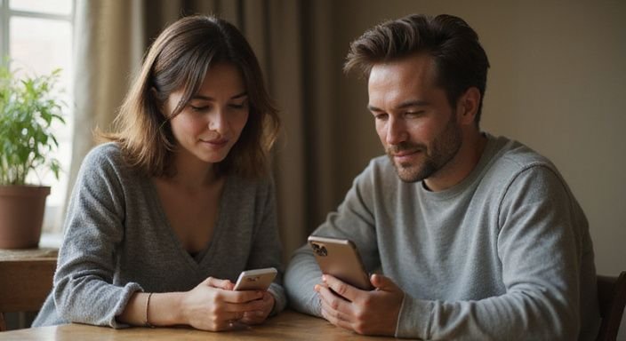 Een vrouw en man genieten van een intiem moment met smartphones en willen online sexdating met oudere vrouwen.