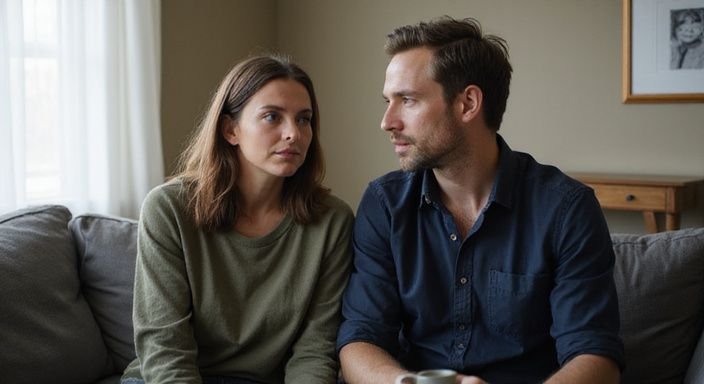 Een man en vrouw zitten samen op een versleten bank.