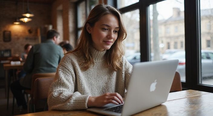 Vrouw scrollt door datingsites voor online sexdating met oudere vrouwen in een gezellige koffiezaak.