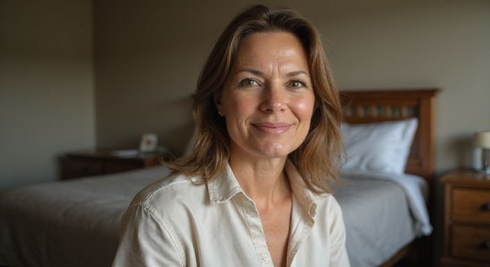 Vrouw in slaapkamer, ontspannen houding met een oprechte glimlach.