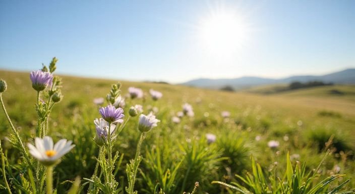 Uitgestrekt veld met wilde bloemen en gras, serene rust en schoonheid.