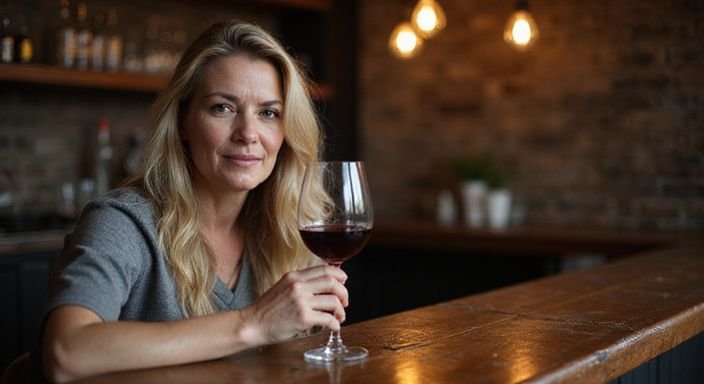 Een vrouw met blond haar geniet van een glas rode wijn.