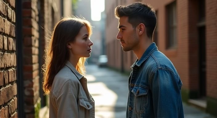 Een vrouw en man ontmoeten elkaar in een smalle steeg en willen oudere vrouwen gratis sexafspraakjes.