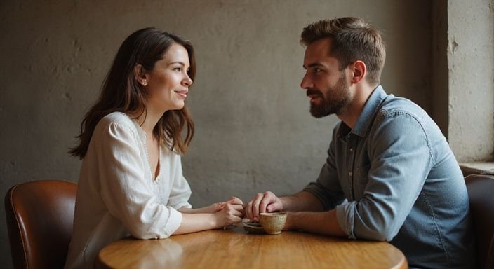 Een man en vrouw in gesprek over rijpe vrouwen zoeken sexcontact aan een café tafel.