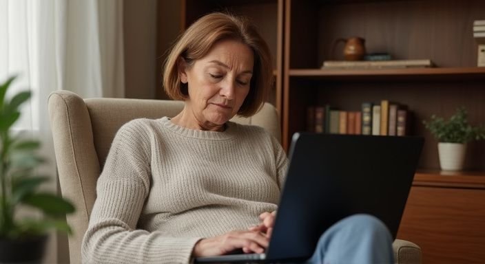 Een vrouw in een comfortabele stoel, gefocust op haar laptop.