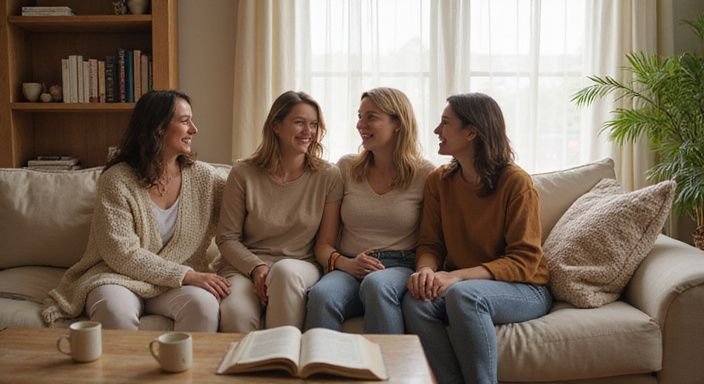 Vier vrouwen zitten samen op een bank en lachen uitbundig.