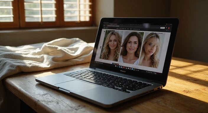 Een laptop met datingsite voor rijpe vrouwen zoeken sexcontact in een sfeervolle slaapkamer.