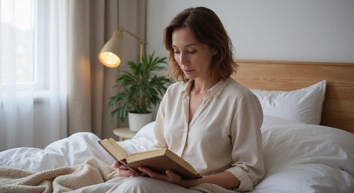 Een vrouw op bed leest een boek over seksuele gezondheid na de overgang.
