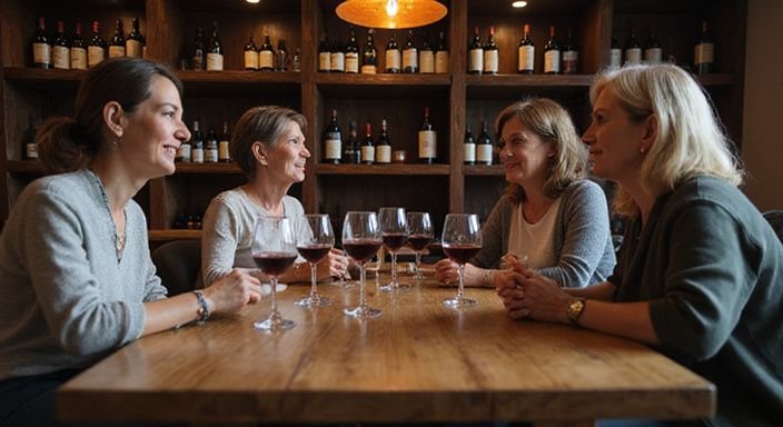 Een groep volwassen vrouwen geniet van wijn in een gezellige ruimte.