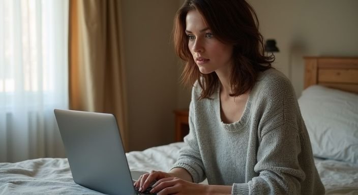 Een vrouw in een comfortabele trui kijkt naar een laptop.