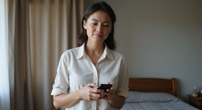 Een vrouw in een slaapkamer, geconcentreerd om haar smartphone.