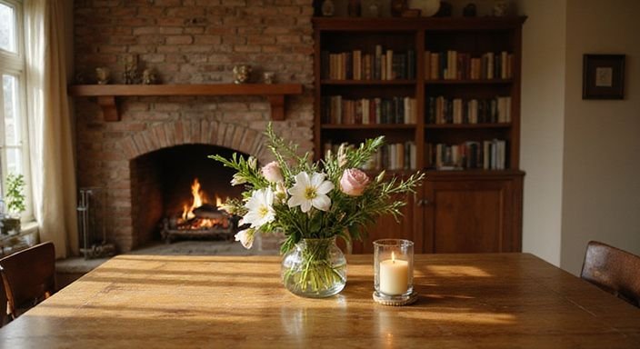 Een gezellige woonkamer met een elegant gedekte dinertafel en bloemen.