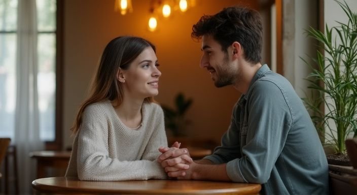 Een jong stel zit intiem aan een cafétafel en converseren over tips daten oudere vrouwen.