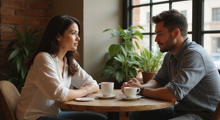 Een vrouw en man genieten van een gesprek in een café.