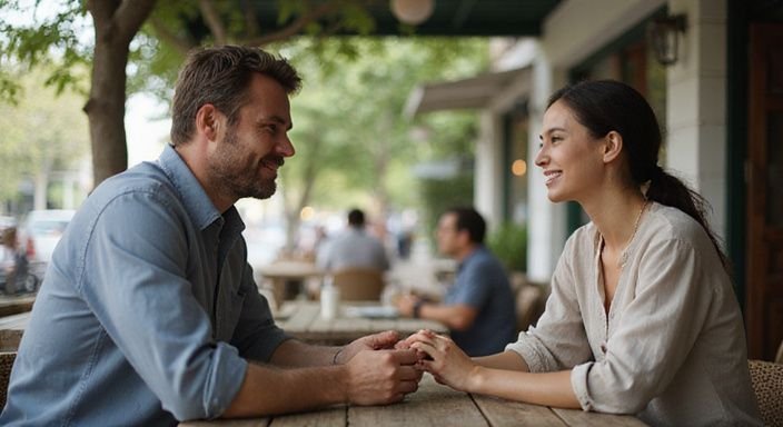 Een man en vrouw genieten van een intiem gesprek in een café.