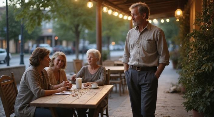 waarom daten met een milf? Een man nadert een groep vrouwen aan een houten tafeltje.